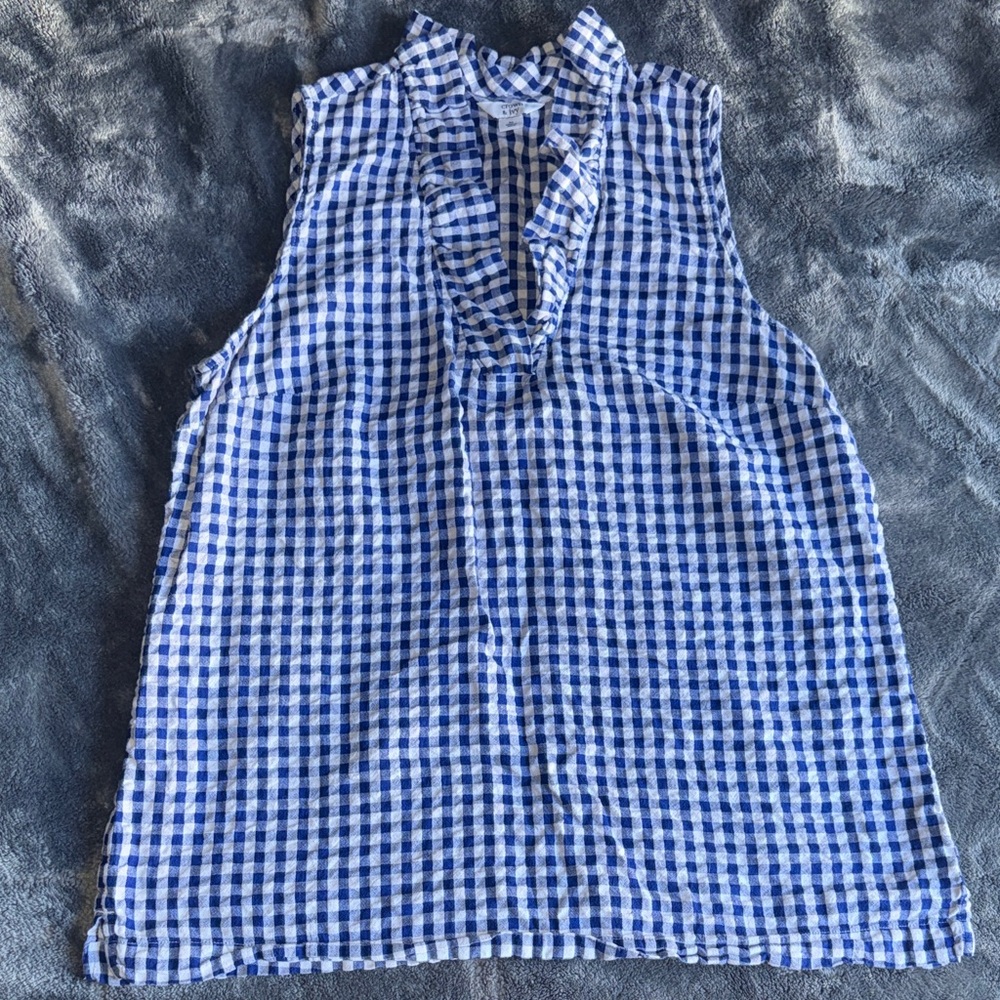 crown & ivy Blue and White Gingham Ruffle Neck Sleeveless Blouse